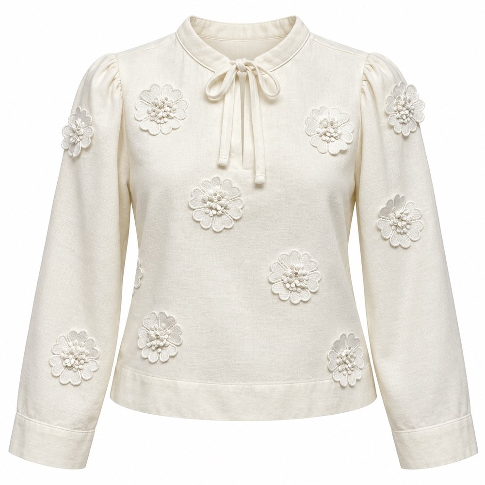 Calligraphie Linen Blend Blouse S Ivory 3D Floral Applique Romantic Womens Top